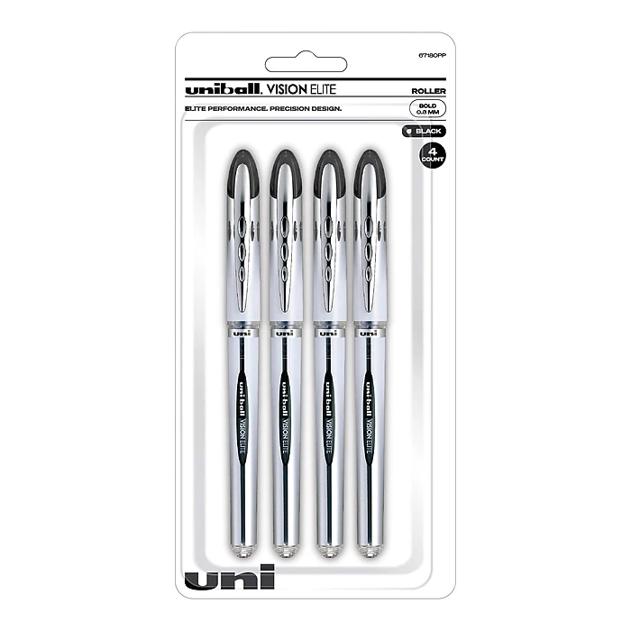 Uni-ball Vision Elite Rollerball Pens, Bold Point, Black Ink, 4 Pack (67180) 3 Uni-ball Vision Elite Rollerball Pens, Bold Point, Black Ink, 4 Pack (67180)