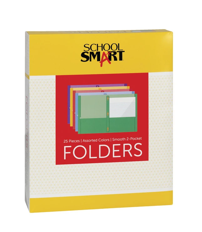 School Smart Smooth 2-Pocket Folder With Fasteners, Assorted Colors, Pack Of 25 3 School Smart Smooth 2-Pocket Folder With Fasteners, Assorted Colors, Pack Of 25