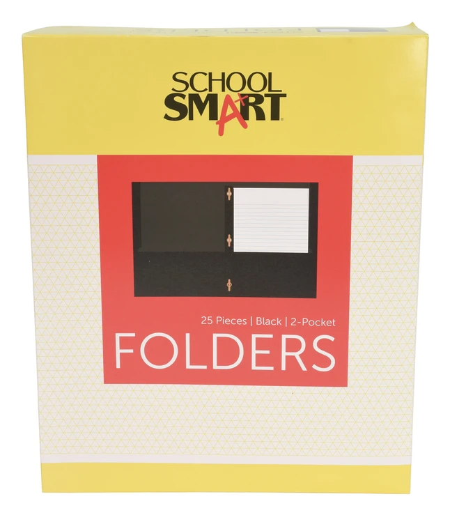 School Smart 2-Pocket Folder With Fasteners, Black, Pack Of 25 3 School Smart 2-Pocket Folder With Fasteners, Black, Pack Of 25