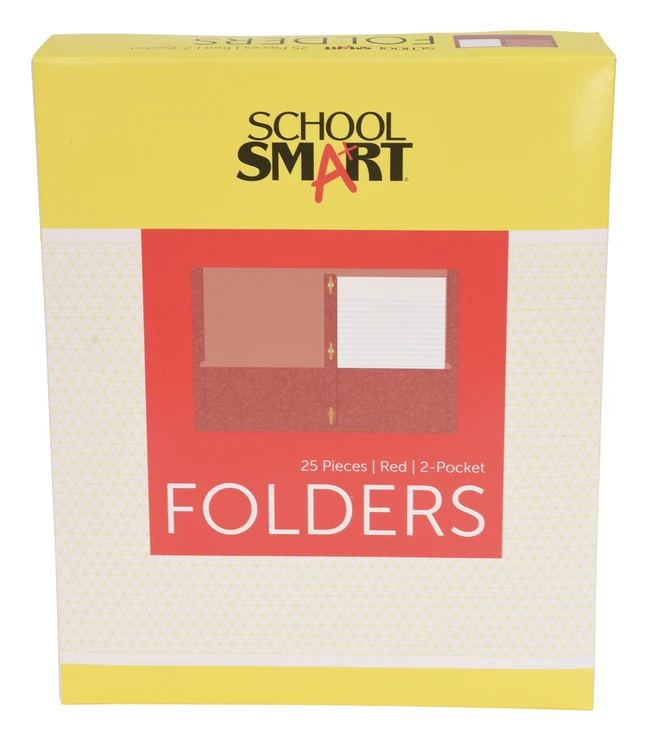 School Smart 2-Pocket Folder With Fasteners, Red, Pack Of 25 3 School Smart 2-Pocket Folder With Fasteners, Red, Pack Of 25