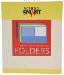 School Smart 2-Pocket Folder With Fasteners, Assorted Colors, Pack Of 25