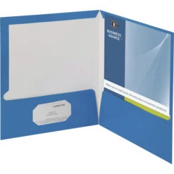 Business Source 2-Pocket Laminated Folder, 100 Sheet Capacity, Blue, Pack Of 25
