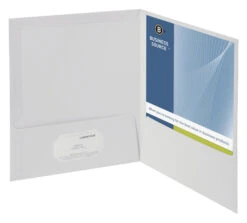 Business Source 2-Pocket Laminated Folder, 100 Sheet Capacity, White, Pack Of 25