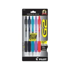 Pilot G2 Retractable Gel Pens, Extra Fine Point, Assorted Inks, 5/Pack (G25C5005)