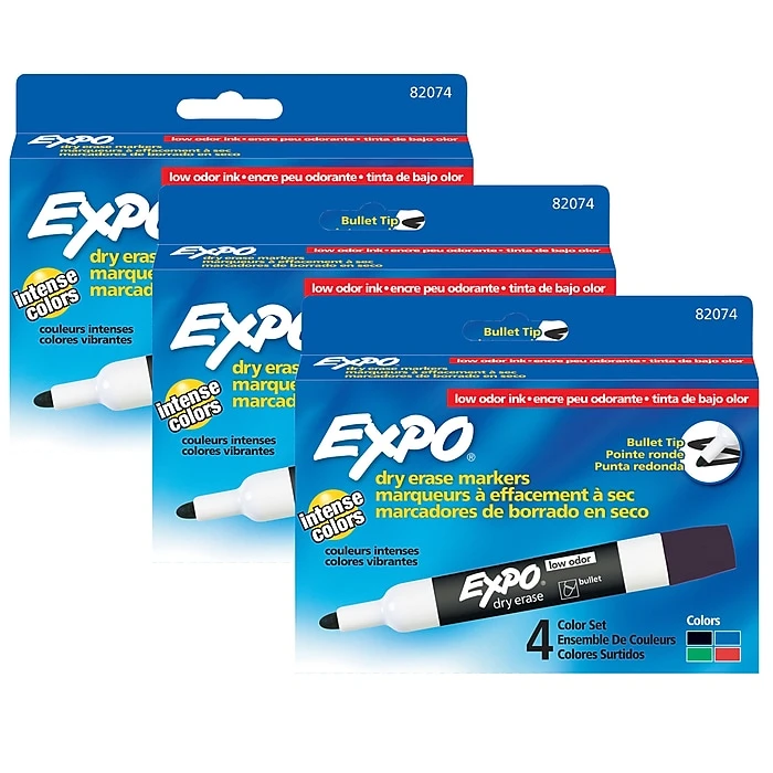 EXPO® Low Odor Dry Erase Markers, Bullet Tip, Assorted Colors, 4 Per Pack, 3 Packs, (SAN82074-3) 3 EXPO® Low Odor Dry Erase Markers, Bullet Tip, Assorted Colors, 4 Per Pack, 3 Packs, (SAN82074-3)