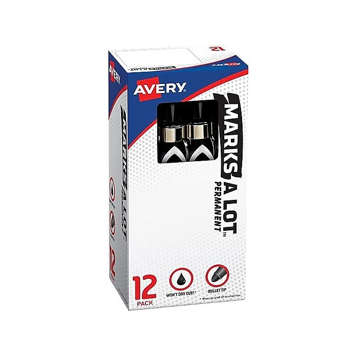 Avery Marks-A-Lot Permanent Markers, Bullet Point, Black, 12/Pack (24878) 4 Avery Marks-A-Lot Permanent Markers, Bullet Point, Black, 12/Pack (24878) - Image 2