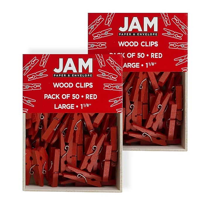 JAM Paper® Wood Clip Clothespins, Medium 1 1/8 Inch, Red Clothes Pins, 2 Packs Of 50 (230729143A) 3 JAM Paper® Wood Clip Clothespins, Medium 1 1/8 Inch, Red Clothes Pins, 2 Packs Of 50 (230729143A)