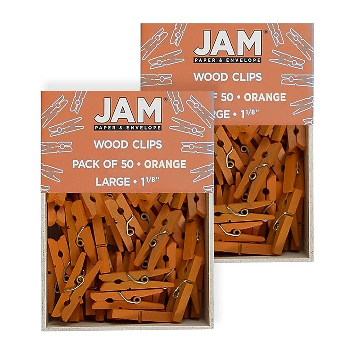 JAM Paper® Wood Clip Clothespins, Medium 1 1/8 Inch, Orange Clothes Pins, 2 Packs Of 50 (230729145A) 3 JAM Paper® Wood Clip Clothespins, Medium 1 1/8 Inch, Orange Clothes Pins, 2 Packs Of 50 (230729145A)